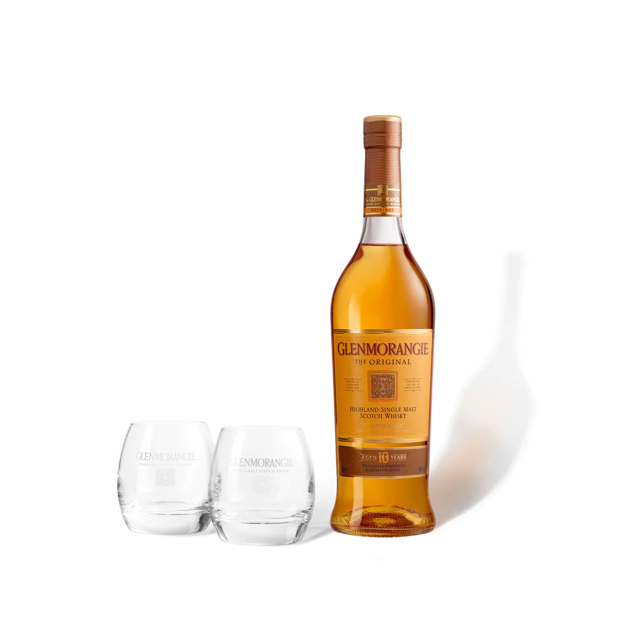 Glenmorangie The Original Emblem Geschenkset mit Flasche 700 mL und 2 Gläsern