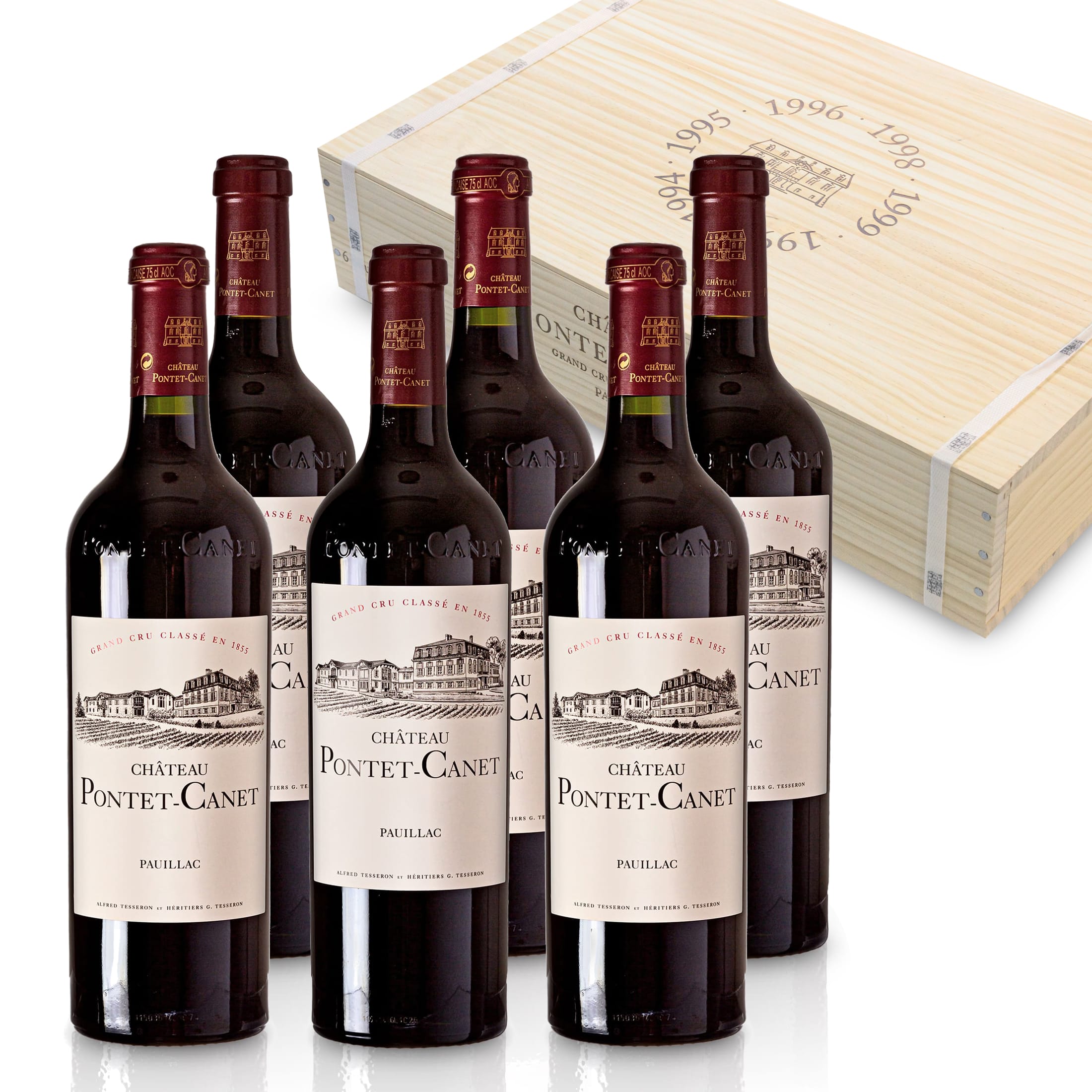Château Pontet-Canet 1990, 1994, 1995, 1996, 1998, 1999 Jahrgangsselektion - 6 Flaschen in limitierter Holzbox - Bordeaux Frankreich