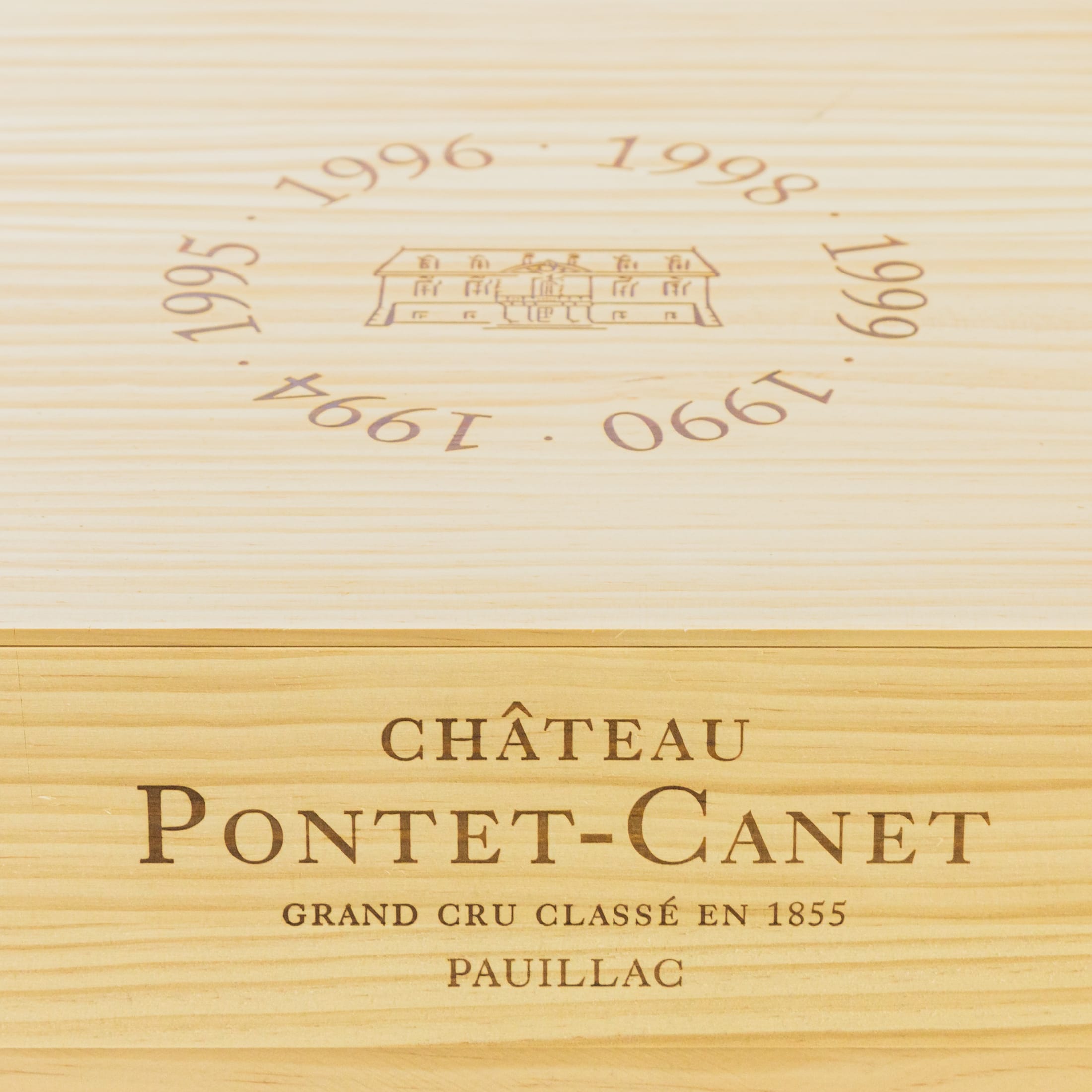 Château Pontet-Canet 1990, 1994, 1995, 1996, 1998, 1999 Jahrgangsselektion - 6 Flaschen in limitierter Holzbox - Bordeaux Frankreich