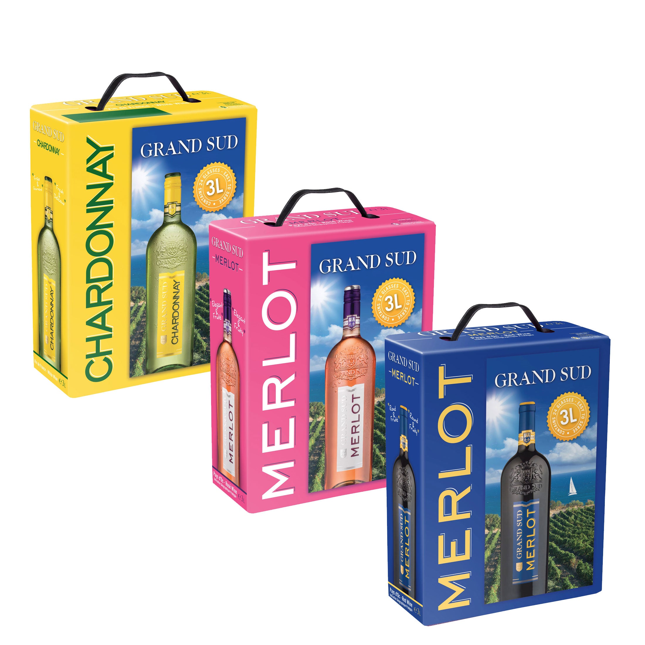 Grand Sud - Bag in Box Selektion - 3x 3L BIB Set -  Merlot Rotwein, Merlot Rosé, Chardonnay Weißwein - Feinste Weine - Feinste Spirituosen