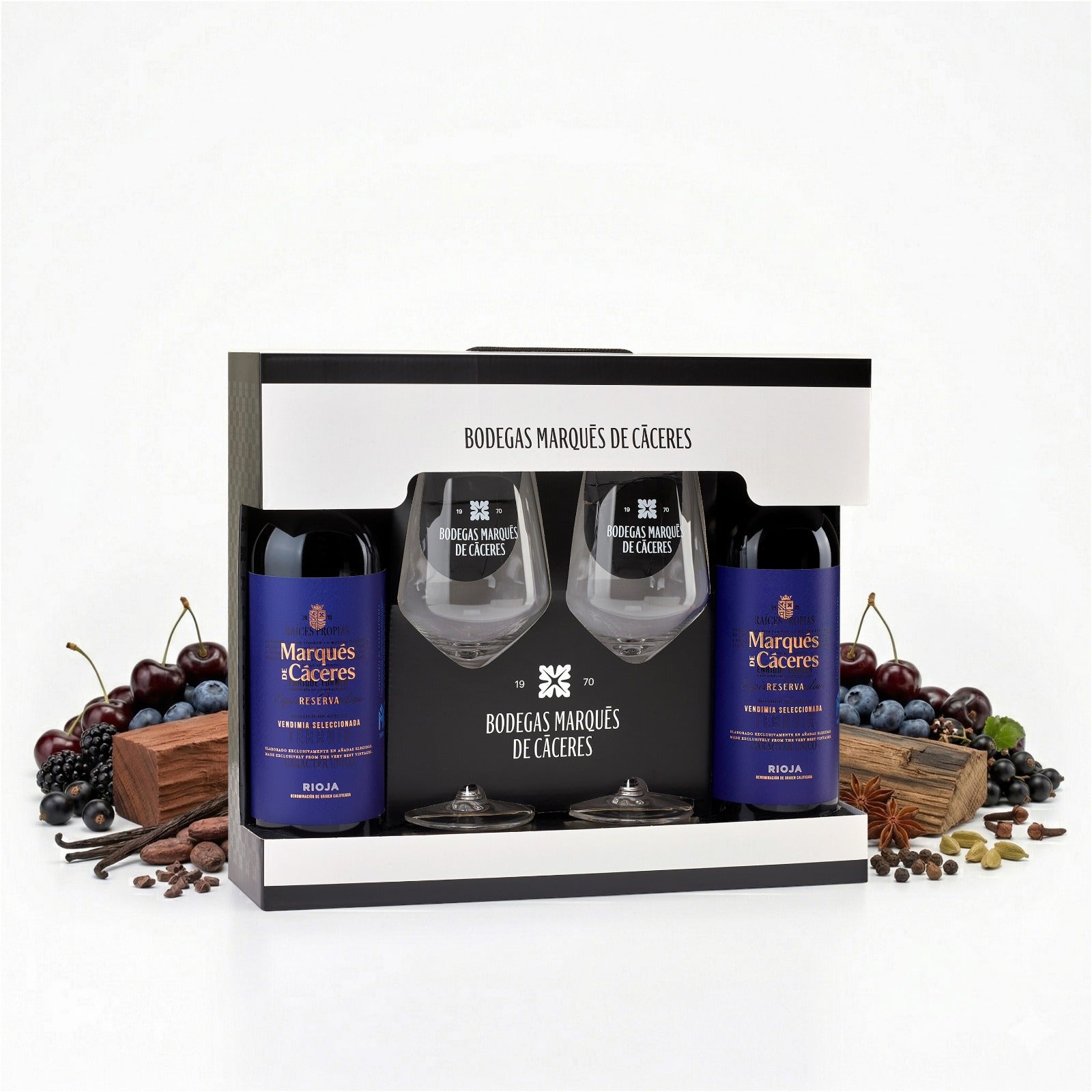 Bodegas Marqués de Cáceres Reserva Rotwein Geschenkset 2019 2 Flaschen je 0,75L inkl. 2 Gläser 14,5% vol